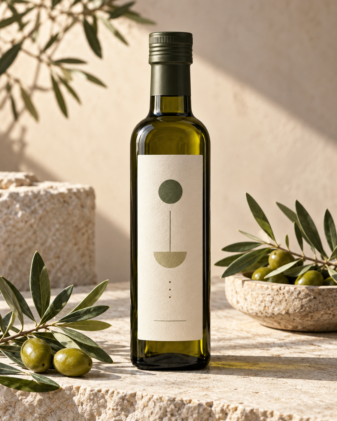 Envase ficticio de aceite de oliva fotografiado como producto