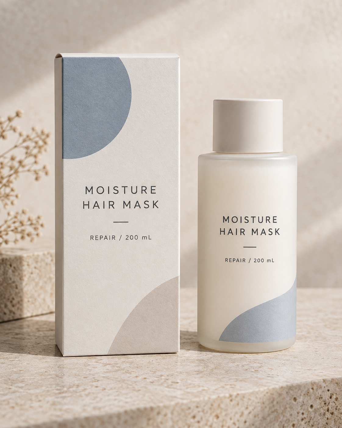 MOISTURE HAIR MASK と印刷された架空のヘアケア商品パッケージ