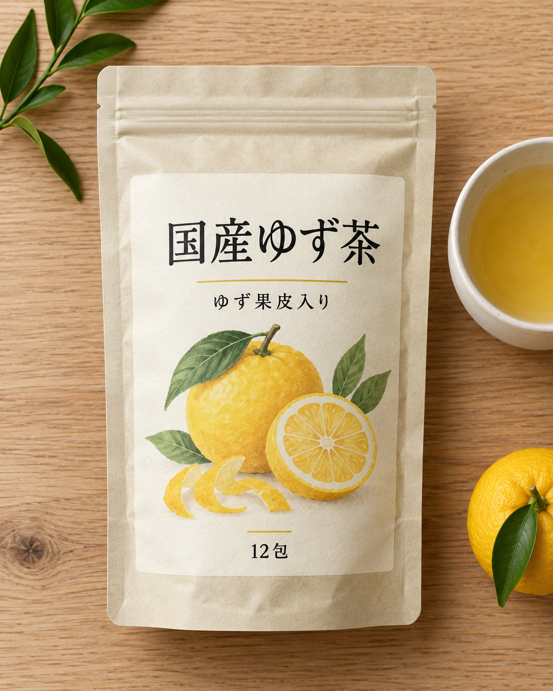 国産ゆず茶、ゆず果皮入り、12包と印刷された架空の日本語パッケージ